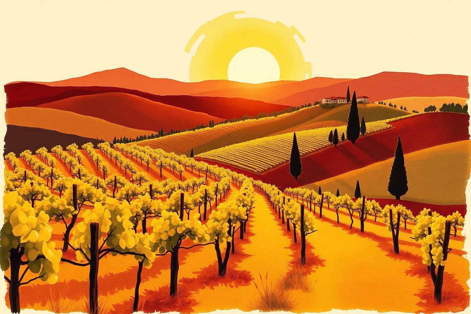 Vintage hand-painted vineyard at golden hour